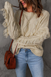 Pullover mit Zopfmuster und Fransenbesatz